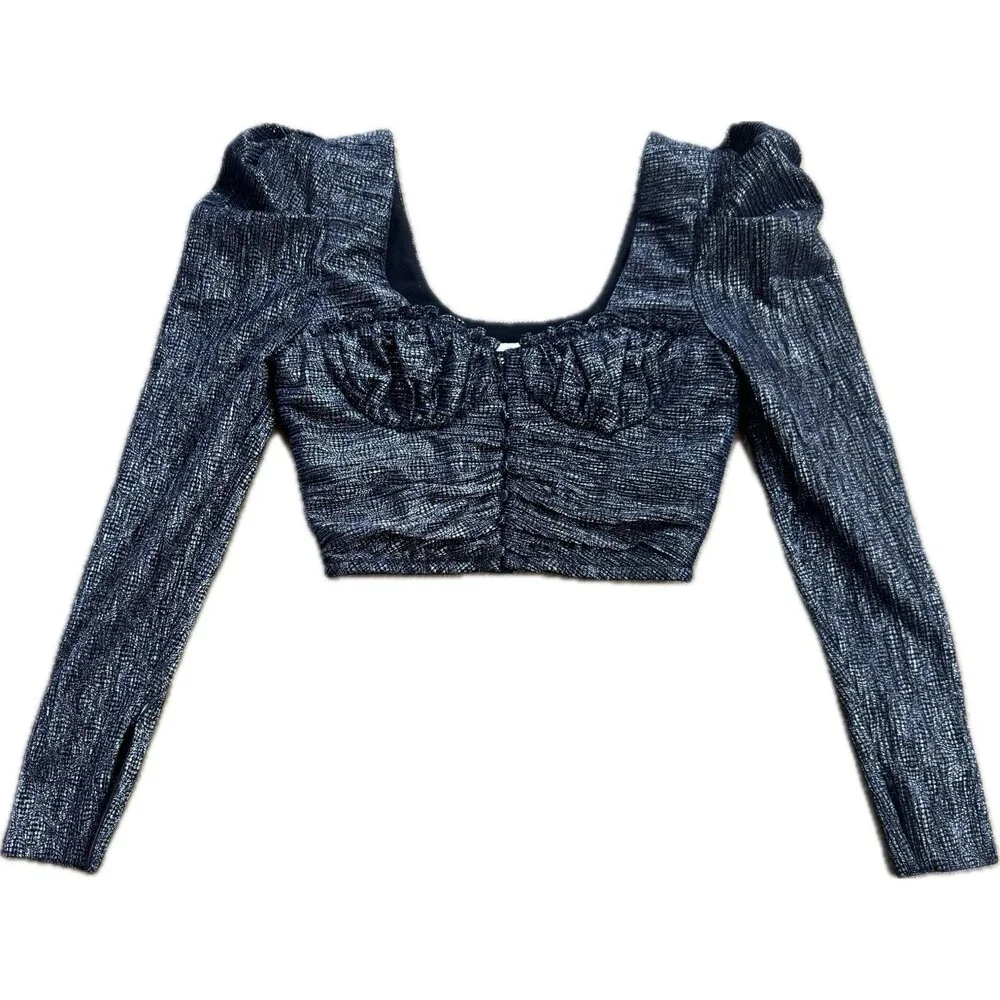 New Jonathan Simkhai Women's Metallic Size 4 Wrap Crop Top Long Sleeves Midnight - Picture 15 of 16